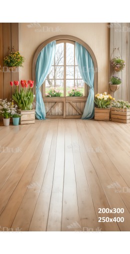 Tło fotograficzne z okrągłym oknem i pastelową wiosenną aranżacją kwiatową | E546